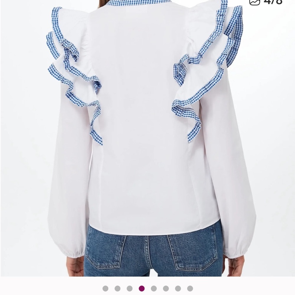 Hyacinth House Chic White Blouse with Blue Ruffle Trim - Picture 2 of 7